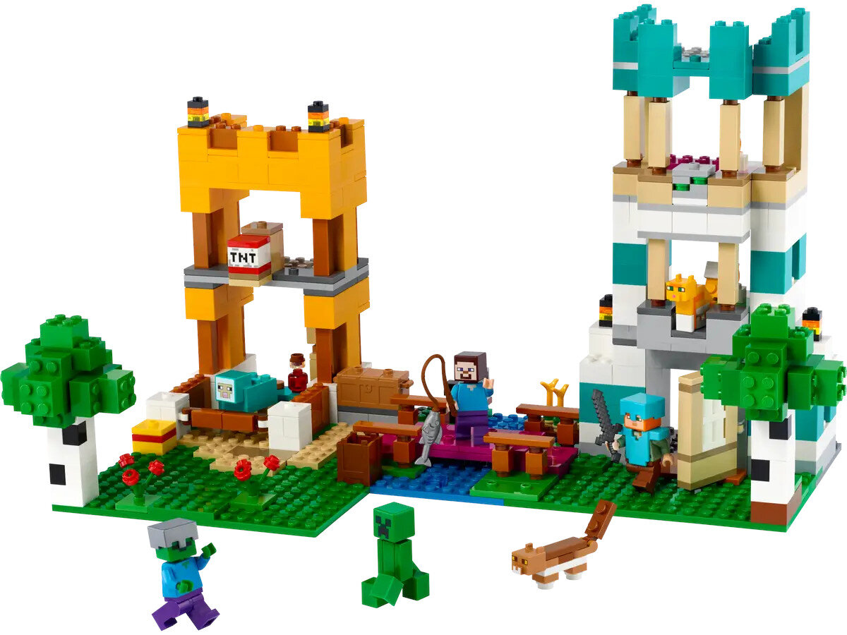 Zestaw Lego Minecraft z figurkami, TNT i budynkiem.