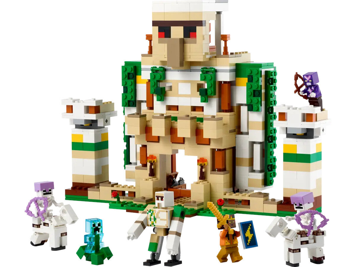 Zestaw Lego Minecraft z wieloma figurami i dużą centralną strukturą z golemem.