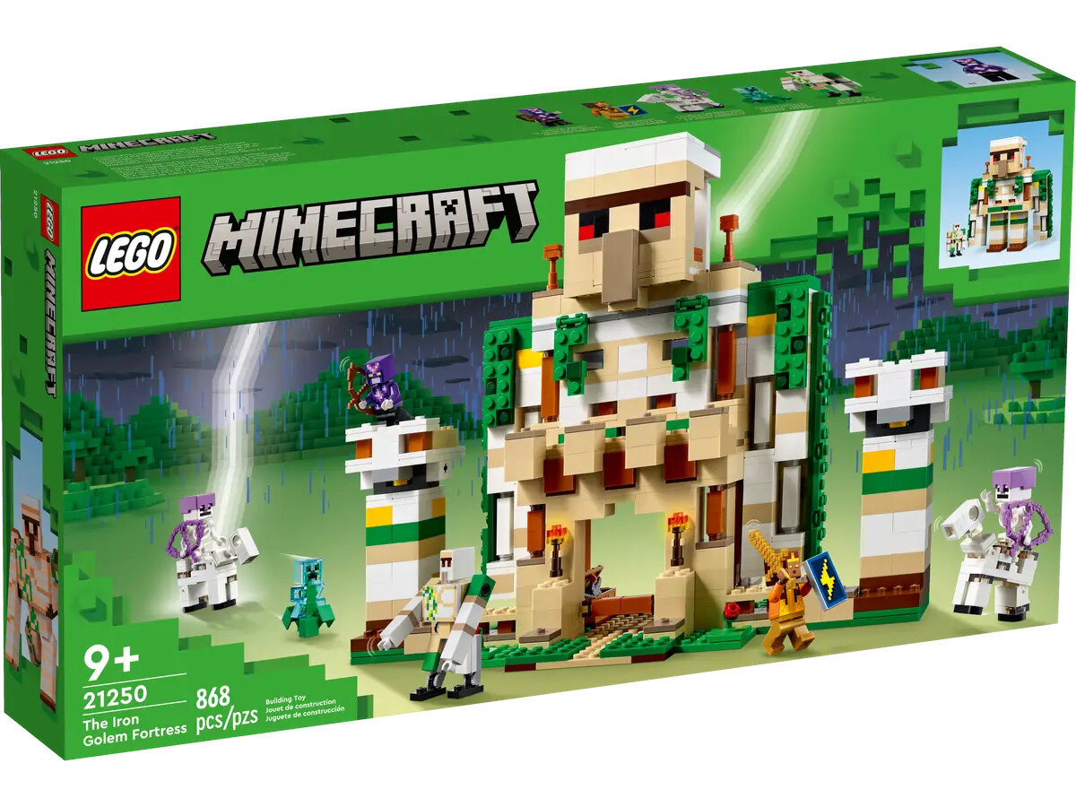 Zestaw Lego Minecraft w zielonym pudełku. Przedstawia fortecę i postacie Lego.