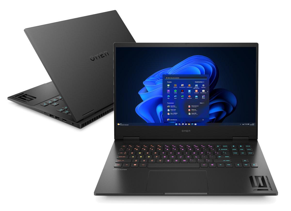 Czarny laptop z interfejsem Windows, drugi z tyłu.