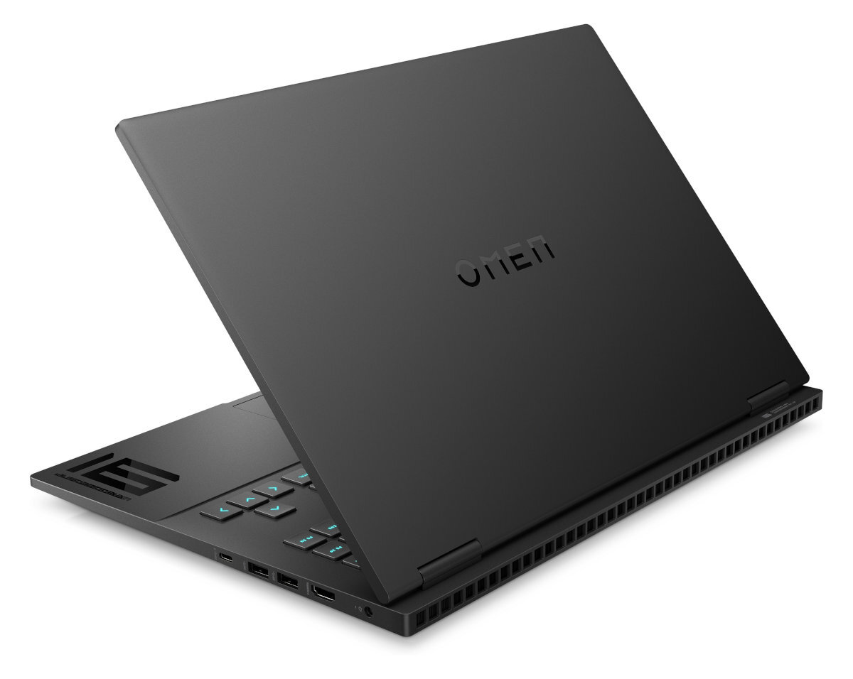 Czarny laptop Omen z otwartą pokrywą, widok z boku. Widoczne logo OMEN.