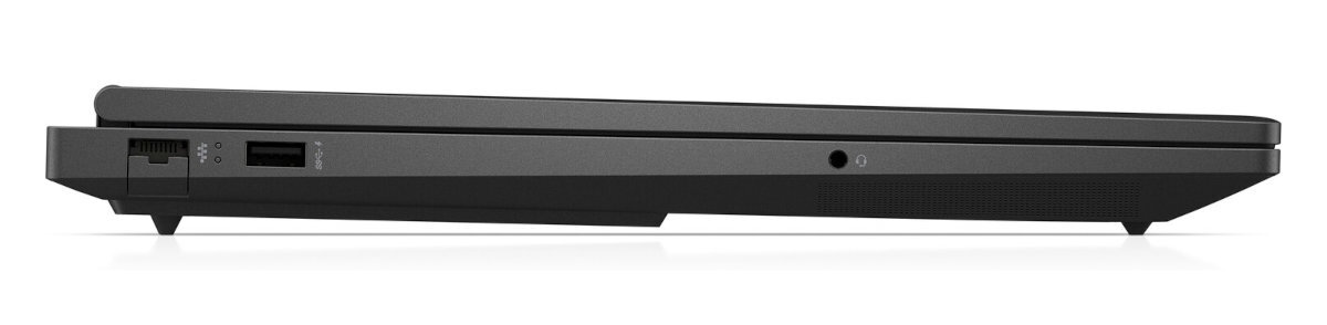 Widok z boku czarnego laptopa z portami po lewej stronie i gniazdem słuchawkowym.