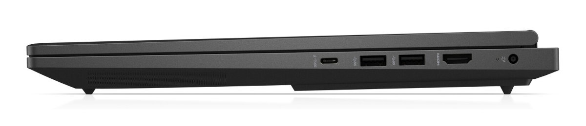 Widok z boku ciemnoszarego laptopa z portami: USB, HDMI i wejściem zasilania.