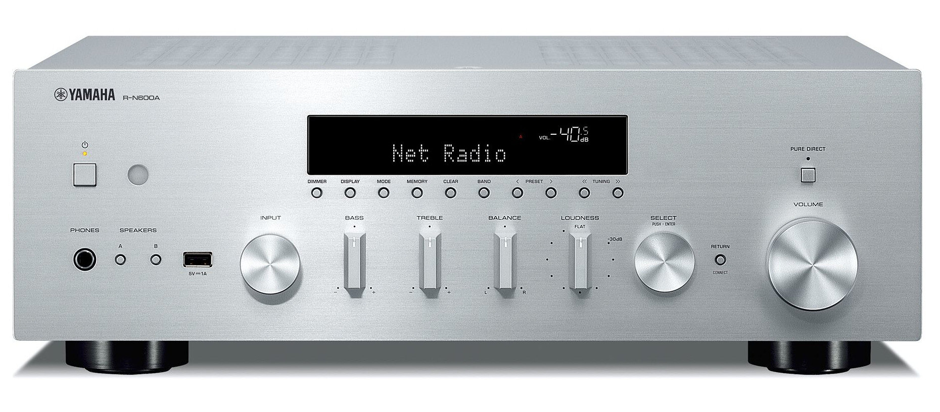 Srebrny odbiornik audio Yamaha z przyciskami i wyświetlaczem 'Net Radio'.