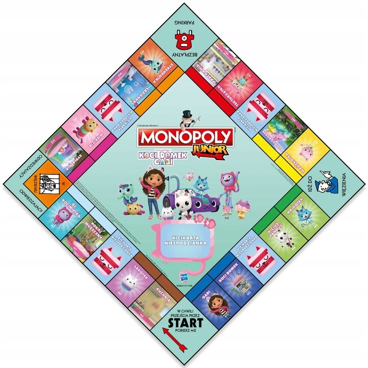 Gra planszowa Monopoly Junior z postaciami z Domku dla lalek Gabby. Kolorowy design.