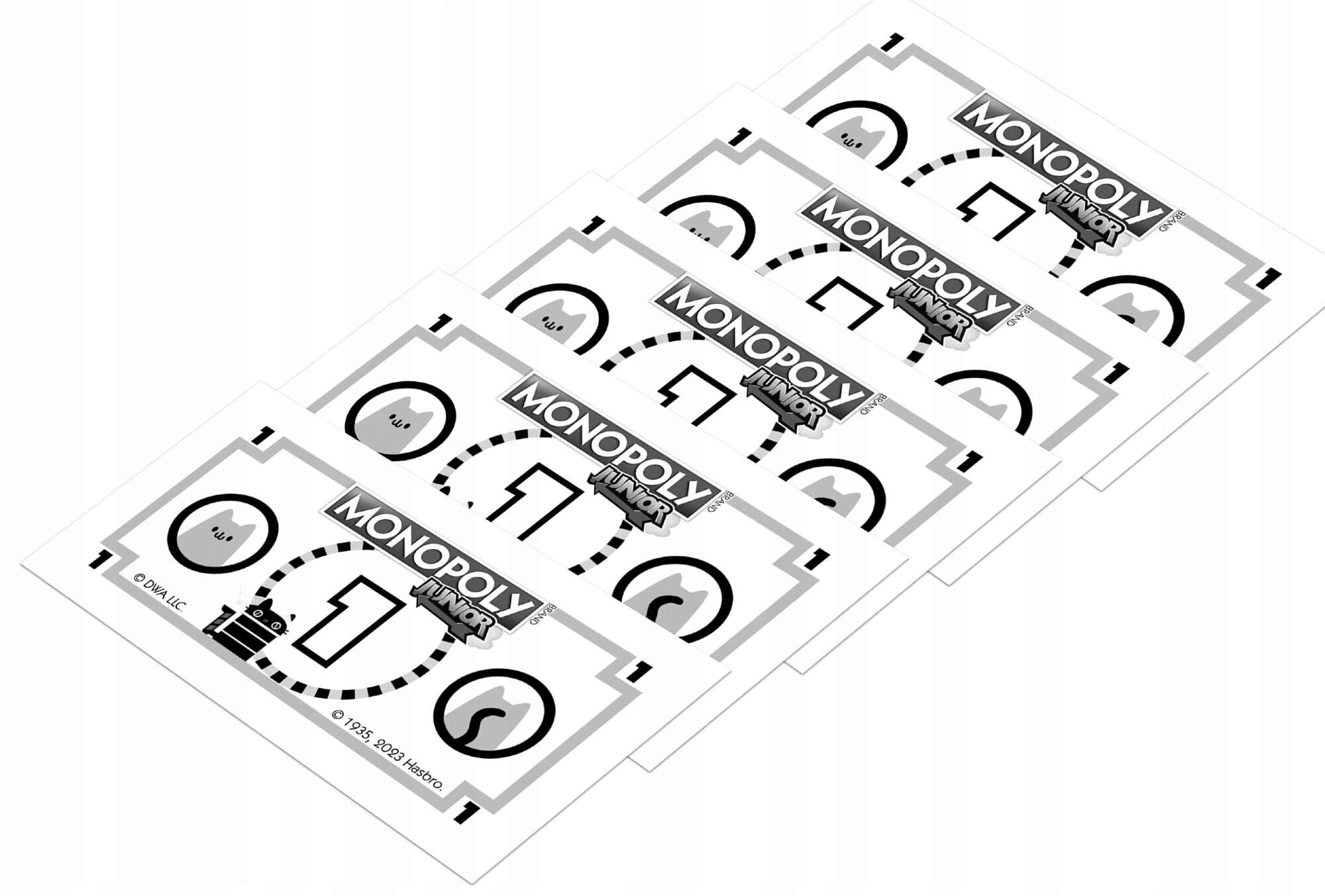 Pieniądze Monopoly Junior, białe tło, wiele banknotów z logo Monopoly Junior.