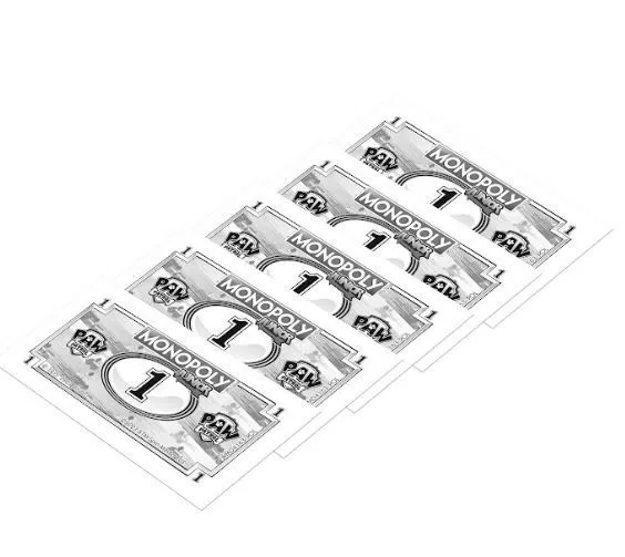 Pieniądze z gry Monopoly Junior, czarno-białe, z Paw Patrol i numerem 1.