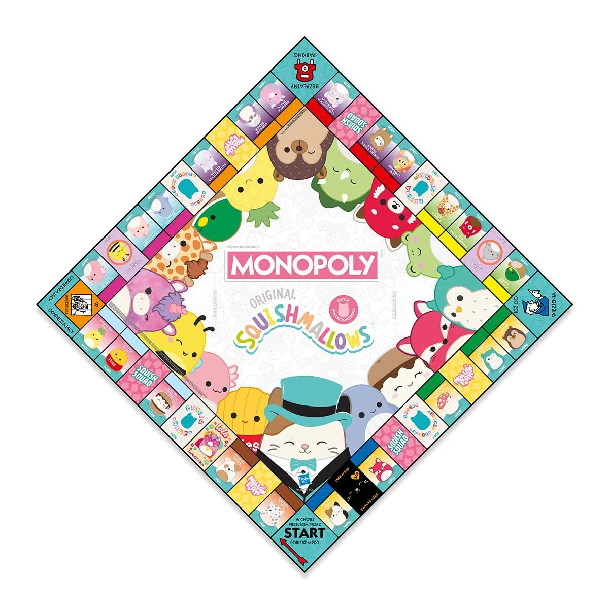 Gra planszowa Monopoly z postaciami Squishmallows. Kolorowy układ w kształcie rombu.