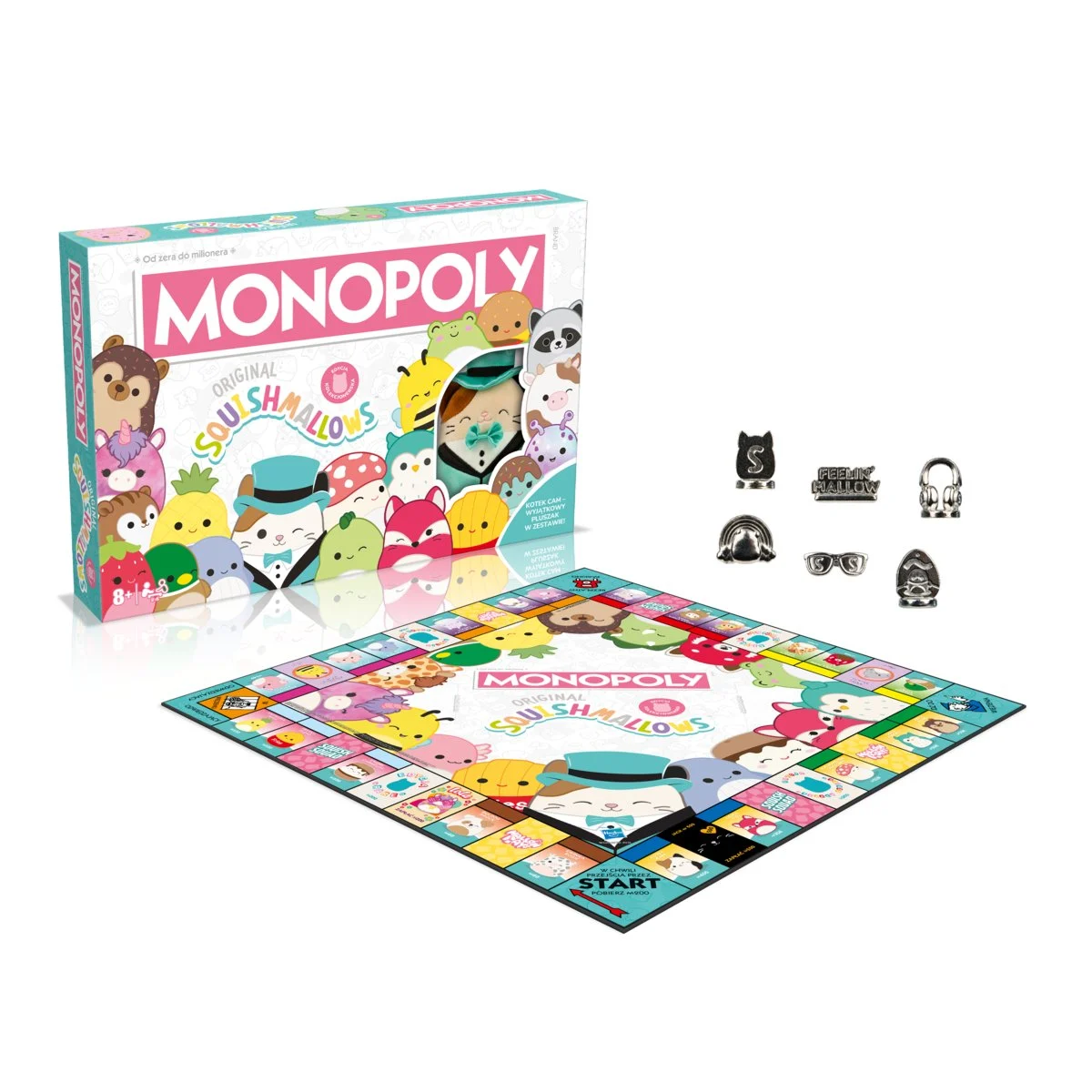 Pudełko i plansza gry Monopoly z motywem Squishmallows. Elementy gry są widoczne.