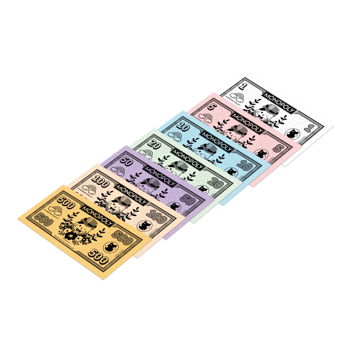 Pieniądze z gry Monopoly w różnych nominałach, rozłożone na białej powierzchni.
