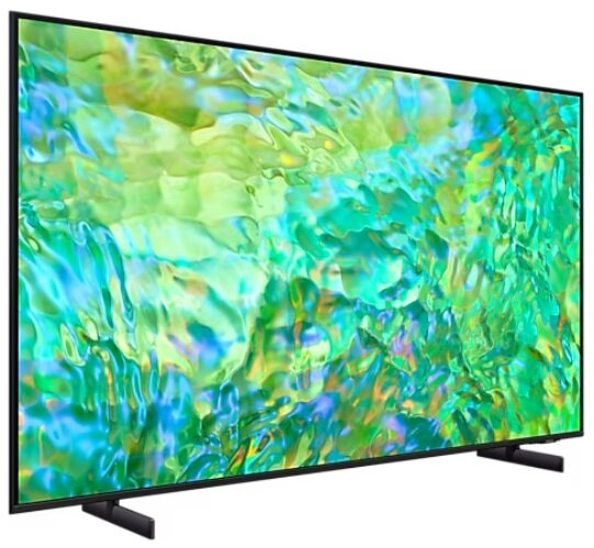 Duży telewizor z płaskim ekranem z kolorowym, abstrakcyjnym tłem.