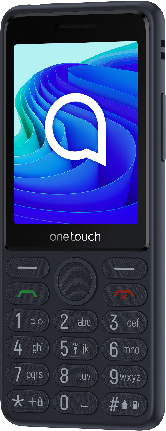 Telefon Alcatel. Czarny, prostokątny telefon z kolorowym ekranem. Wyświetla niebieski, falisty wzór abstrakcyjny.