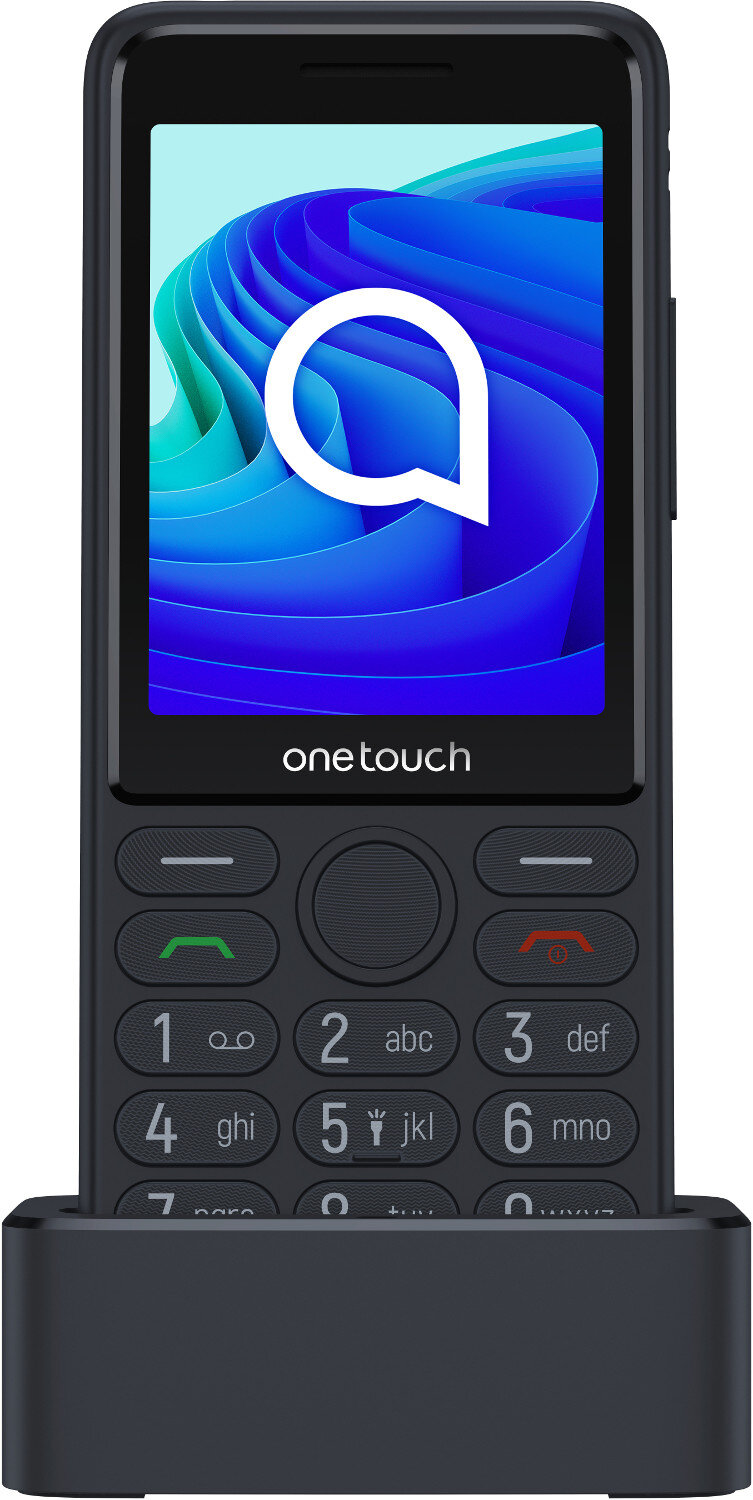 Czarny telefon Alcatel OneTouch na stacji ładującej. Telefon ma ekran i klawiaturę numeryczną.