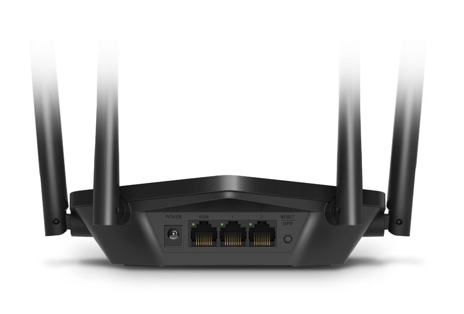 Czarny router z antenami i portami, pokazujący tył urządzenia.