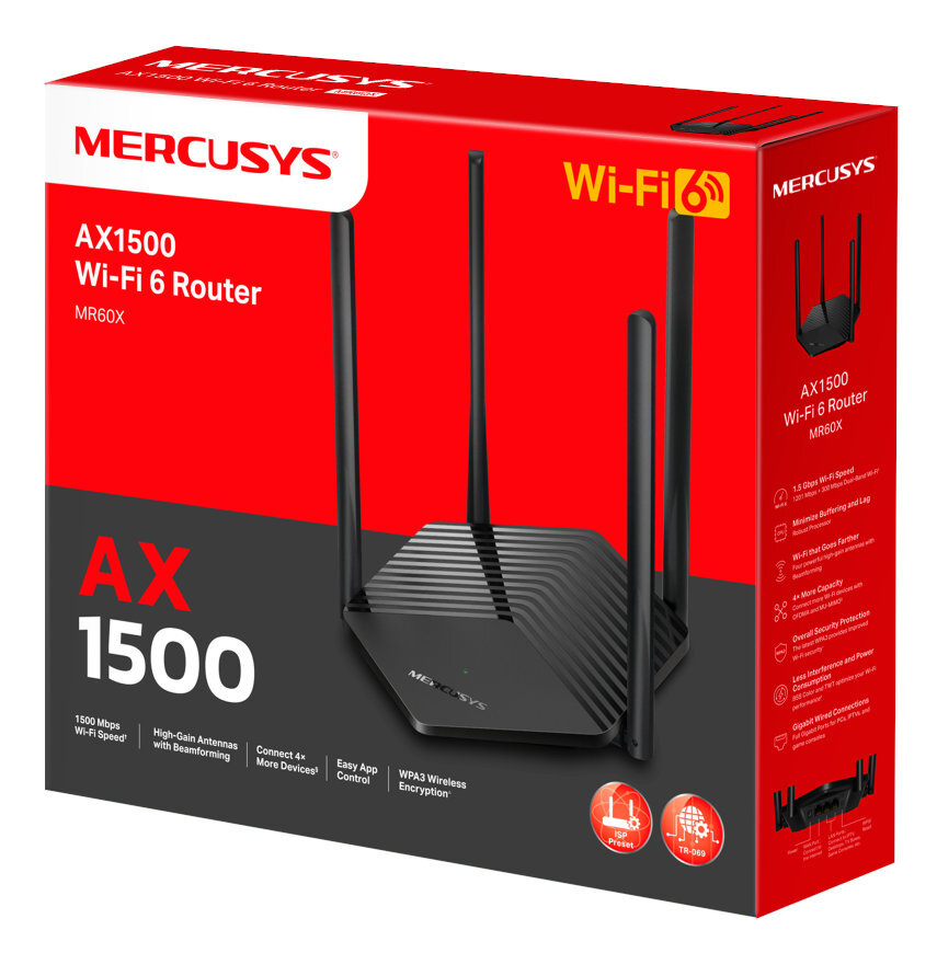 Router AX1500 Wi-Fi 6 na czerwono-białym pudełku, białe tło.