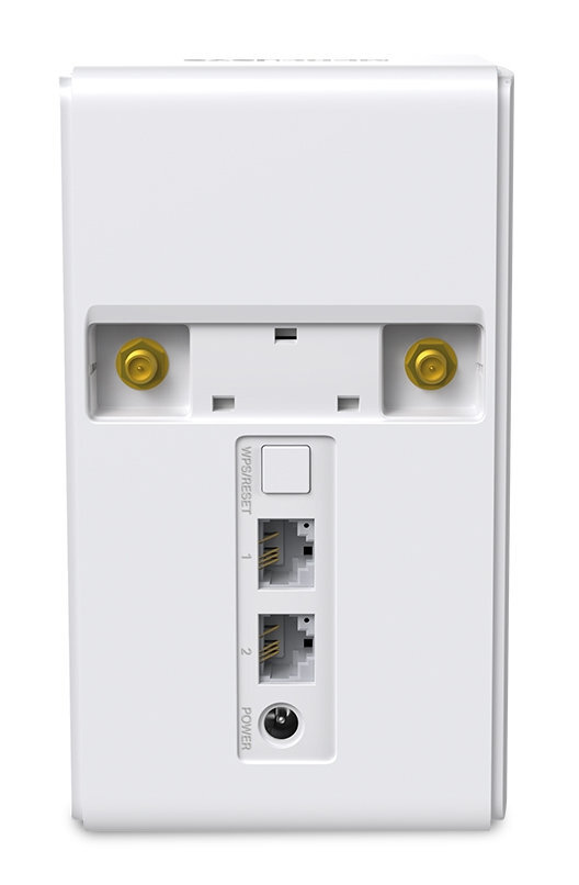 Widok z tyłu białego routera. Pokazano dwa pozłacane złącza antenowe i porty.