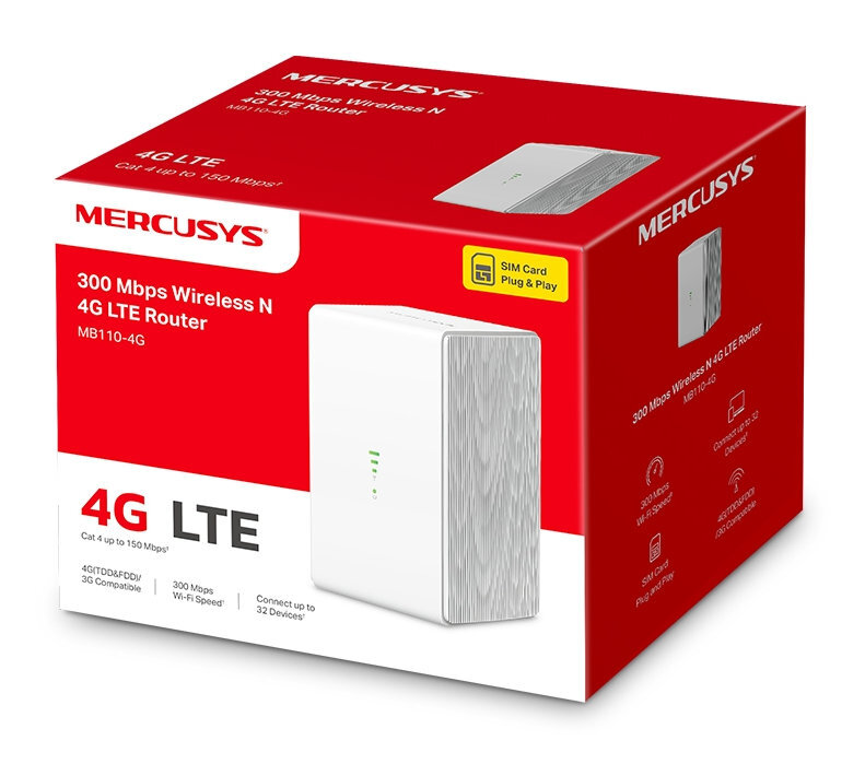 Czerwone i białe pudełko z napisem "MERCUSYS 300 Mbps Wireless N 4G LTE Router".