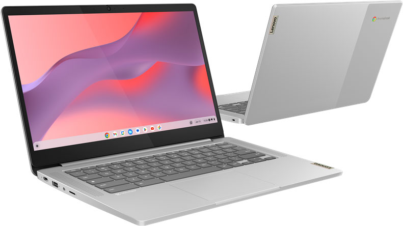 Een zilveren Lenovo Chromebook laptop, open en dicht, op een witte achtergrond.