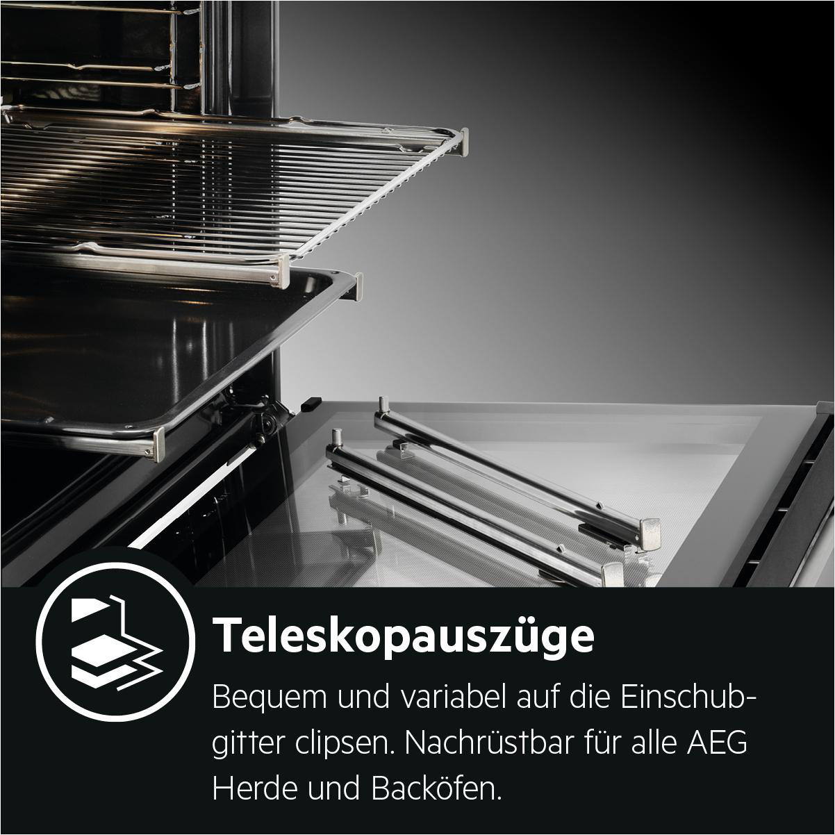 Inneres eines Ofens mit dem Text 'Teleskopschienen' und einem Bild seiner Teile.