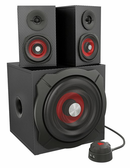 Czarny zestaw głośników, subwoofer i dwa głośniki satelitarne. Widoczne czerwone okręgi.
