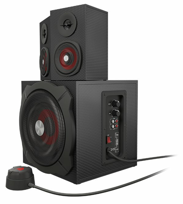 Czarny zestaw głośników, subwoofer i dwa mniejsze głośniki, czerwone akcenty.