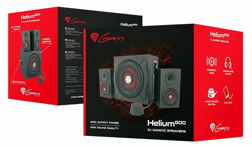 Dwa pudełka czarnych głośników gamingowych z czerwonymi akcentami, ustawione pod kątem.