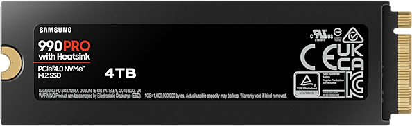 Zwarte Samsung 990 Pro SSD met heatsink, 4TB, informatie label.