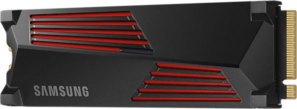 Een zwarte Samsung solid-state drive met rode accenten. Het is een klein, rechthoekig apparaat.