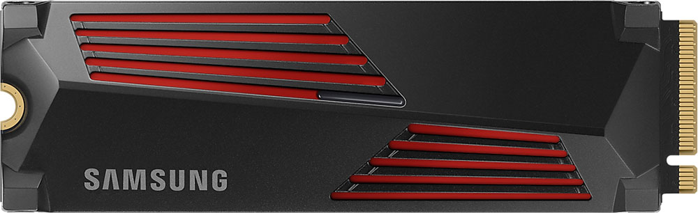 Zwarte SSD met rode accenten. SAMSUNG logo zichtbaar. Gouden connectoren rechts.