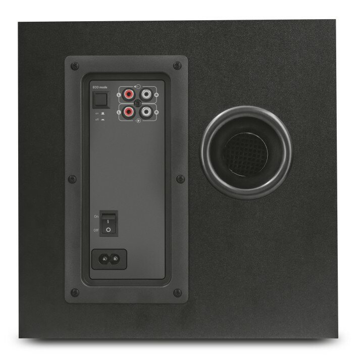 Tylny panel czarnego subwoofera z wejściami i przełącznikiem zasilania. Widoczny duży stożek głośnika.