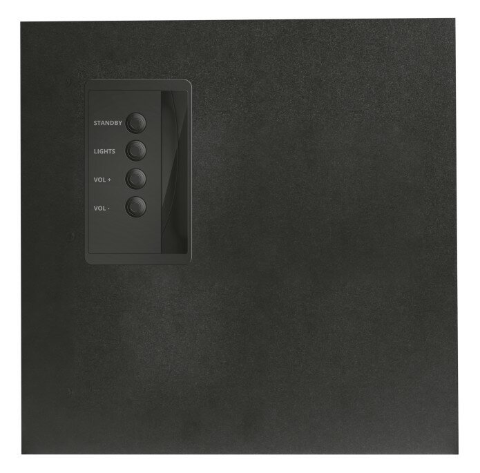 Czarny panel sterowania z przyciskami czuwania, świateł i regulacji głośności.