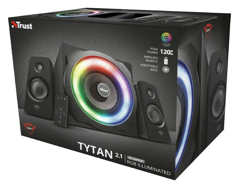 Czarny zestaw głośnikowy z subwooferem i dwoma mniejszymi głośnikami. Głośniki mają światła RGB.