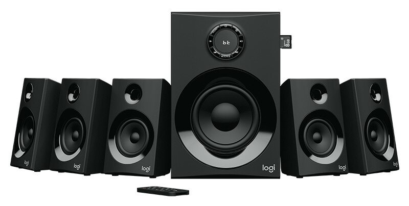 Czarny zestaw głośników. Zawiera subwoofer, dwa głośniki przednie i dwa tylne.