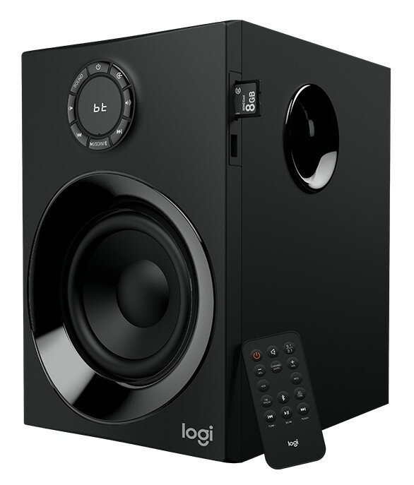 Czarny głośnik z panelem sterowania, pilotem i dużym głośnikiem.