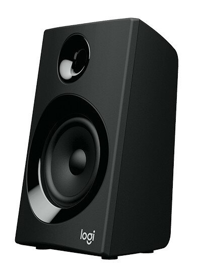 Czarny głośnik z zaokrąglonymi krawędziami i widocznym stożkiem głośnika. Widoczne logo.