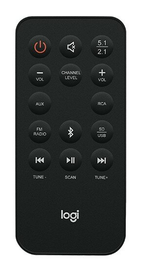 Czarny pilot z wieloma przyciskami, w tym zasilaniem, głośnością i kanałem.