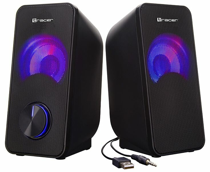 Dwa czarne głośniki Tracer z niebieskim i fioletowym oświetleniem, pokrętłem i kablami połączeniowymi.