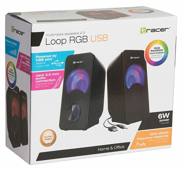 Pudełko z dwoma czarnymi głośnikami z napisem 'Loop RGB USB', z kolorowym wyświetlaczem światła RGB.