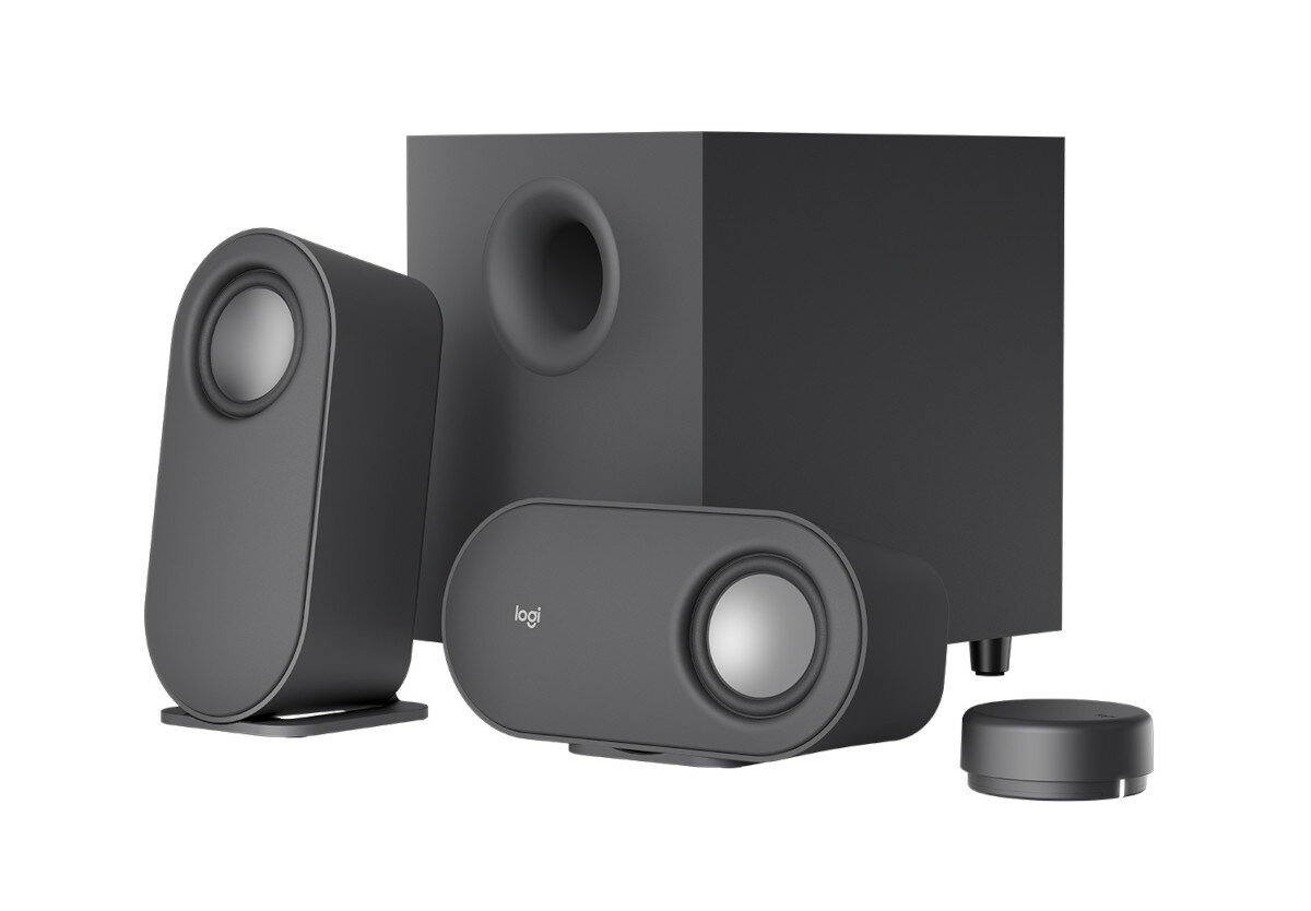 Ciemnoszary system głośników z dwoma głośnikami satelitarnymi, subwooferem i panelem sterowania.