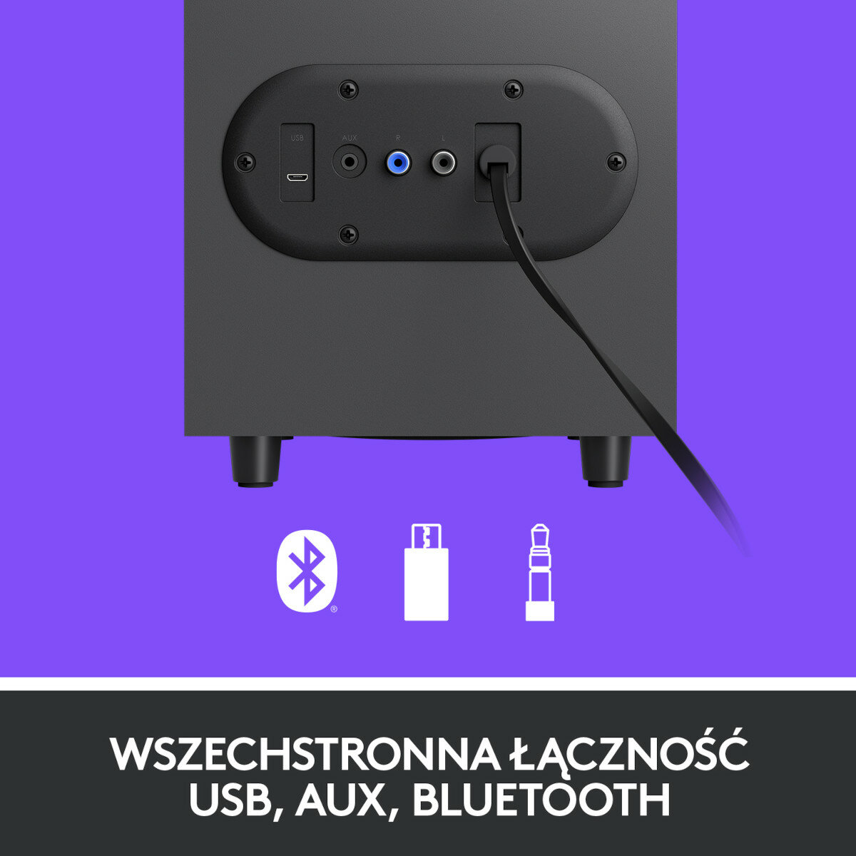 Tył czarnego głośnika z połączeniami USB, AUX i Bluetooth. Tekst: USB, AUX, BLUETOOTH.