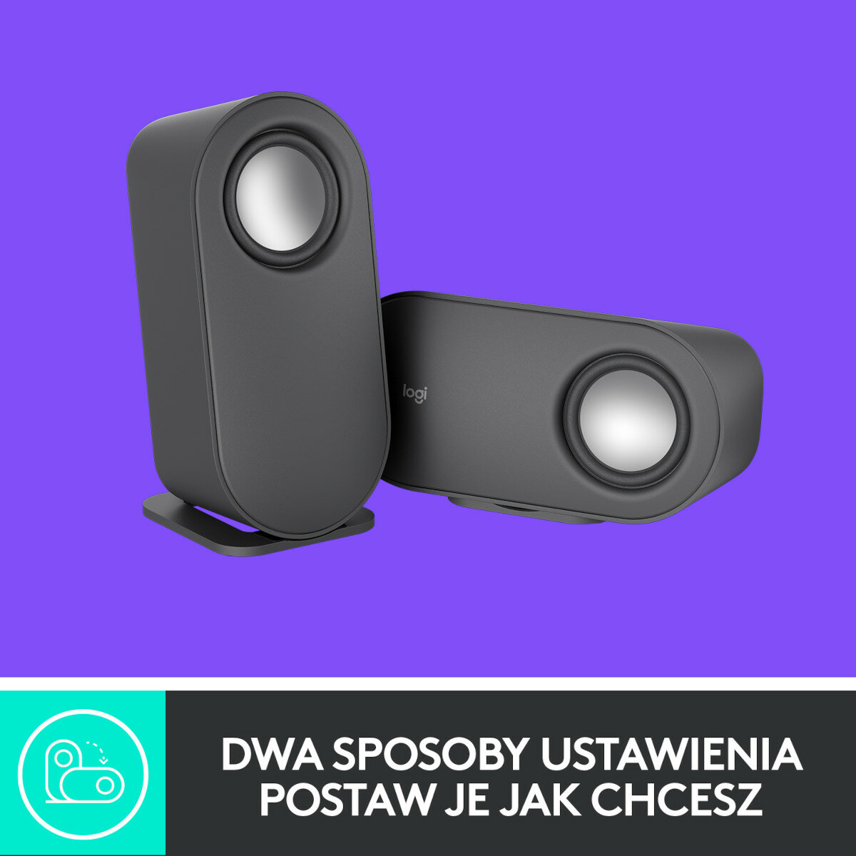 Dwa szare głośniki Logitech ze srebrnymi stożkami na fioletowym tle, z tekstem.