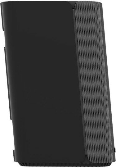 Czarny głośnik z siatkowym bokiem, pochylony w lewo.