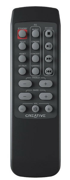 Czarny pilot z wieloma szarymi przyciskami, w tym głośnością, wejściem i kontrolą EQ.