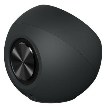 Czarny głośnik z okrągłym metalowym przyciskiem na środku.