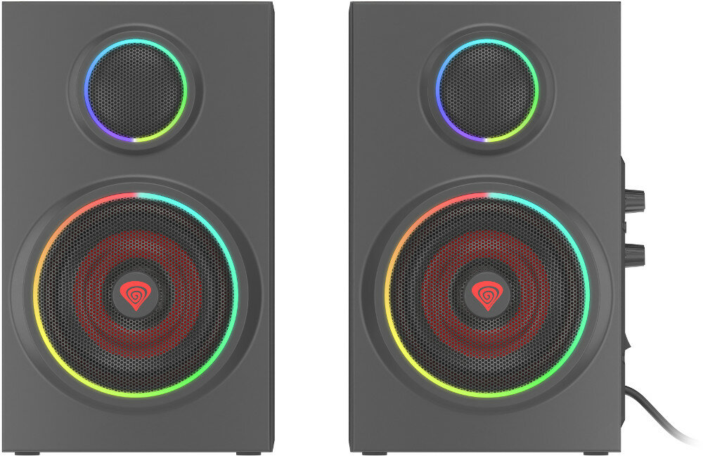 Dwa czarne głośniki z kolorowymi pierścieniami świetlnymi wokół membran.