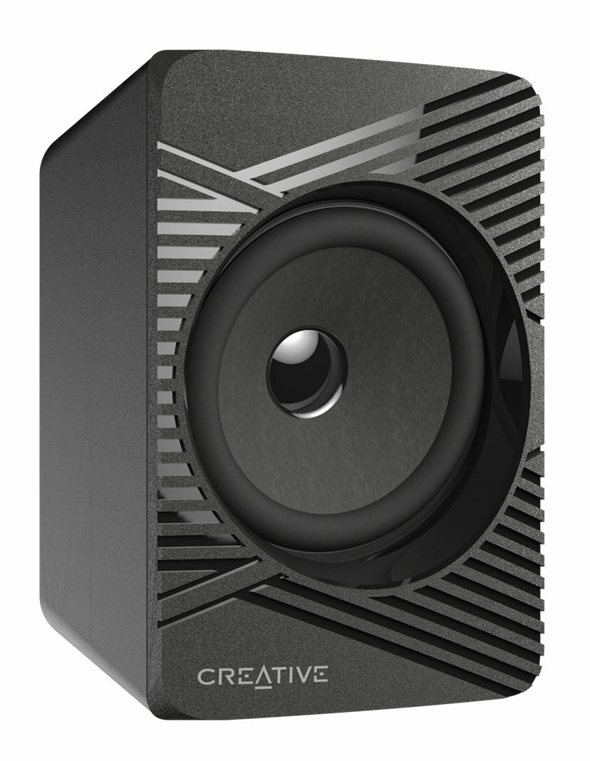 Czarny głośnik Creative z centralnym głośnikiem i teksturowanym wzorem.