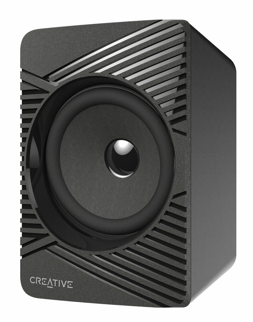 Czarny głośnik Creative z maskownicą i otworem na głośnik.