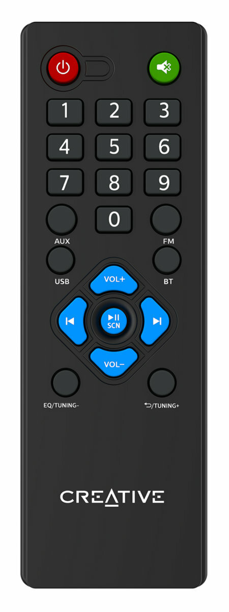 Czarny pilot z różnymi przyciskami, w tym zasilaniem i głośnością.