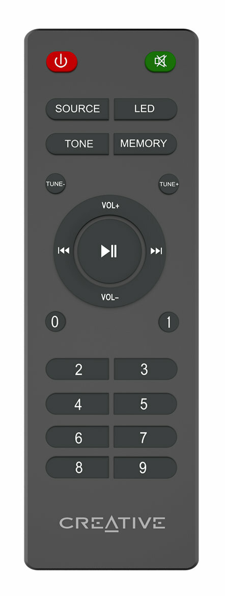 Ciemnoszary pilot z przyciskami i logo Creative.