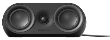 Czarny, owalny głośnik soundbar z dwoma głośnikami i głośnikiem centralnym.